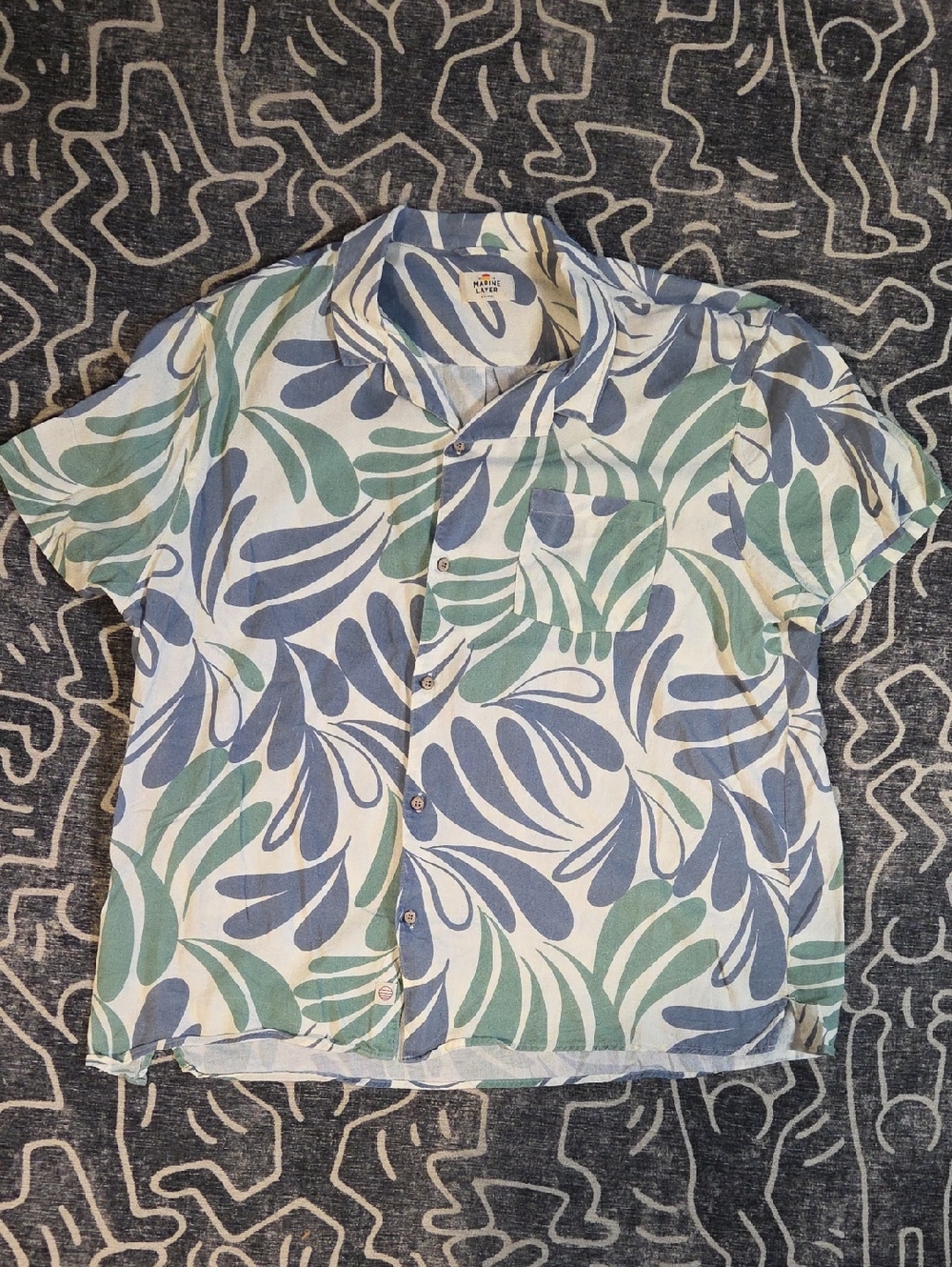 Marine Layer Linen Blend Light Blue & Cream Resort Shirt, Short Sleeve Button